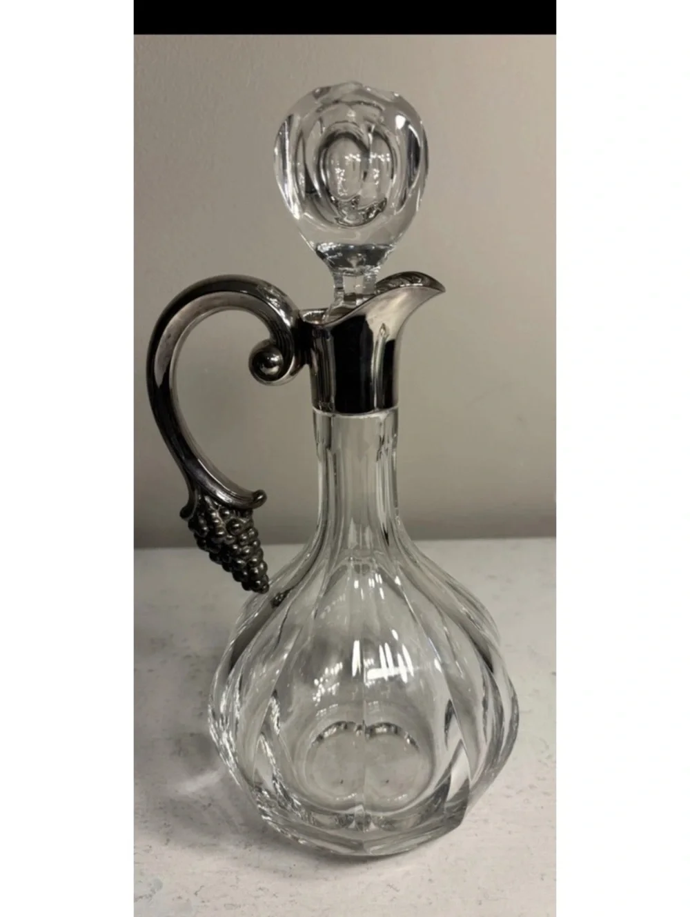 Vintage Crystal Sterling Silver Decanter Grape Cluster Handle